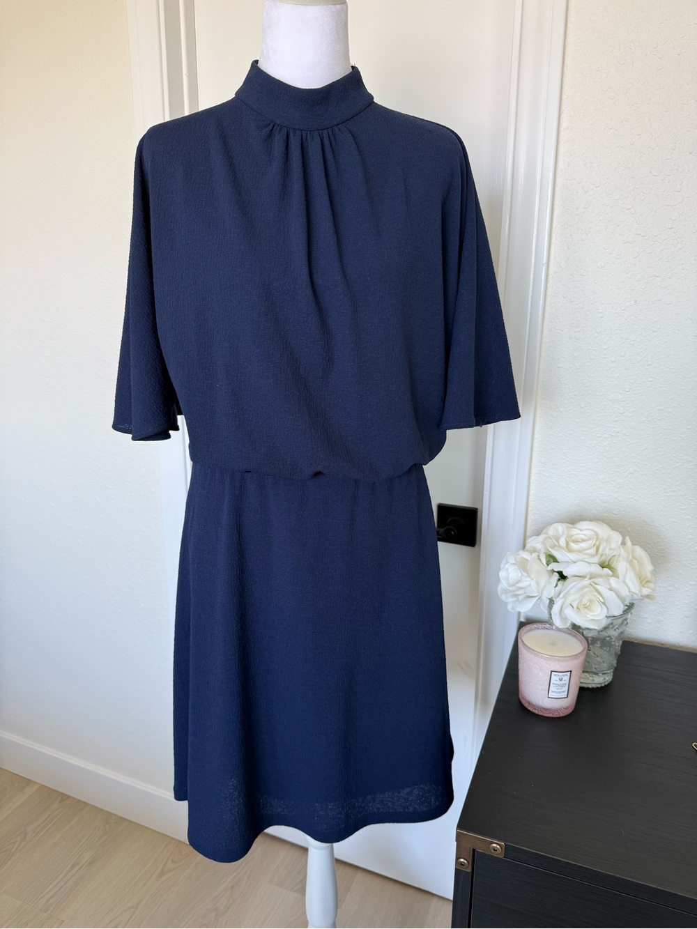 Mango Navy High-Neck Short Sleeve Dress